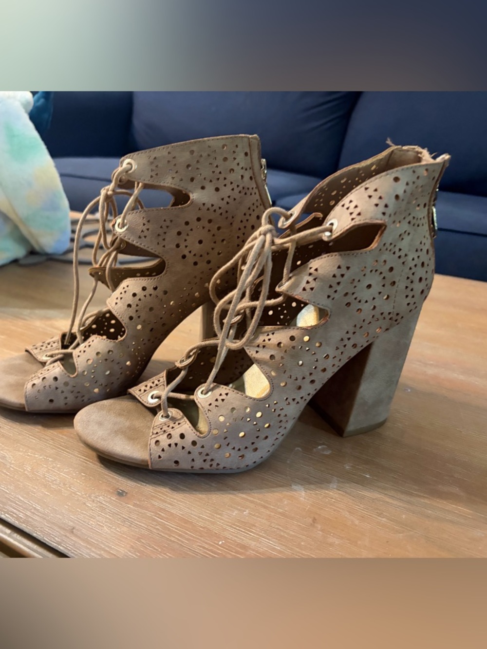 Guess Taupe Laser-Cut Lace-Up Block Heel Sandals